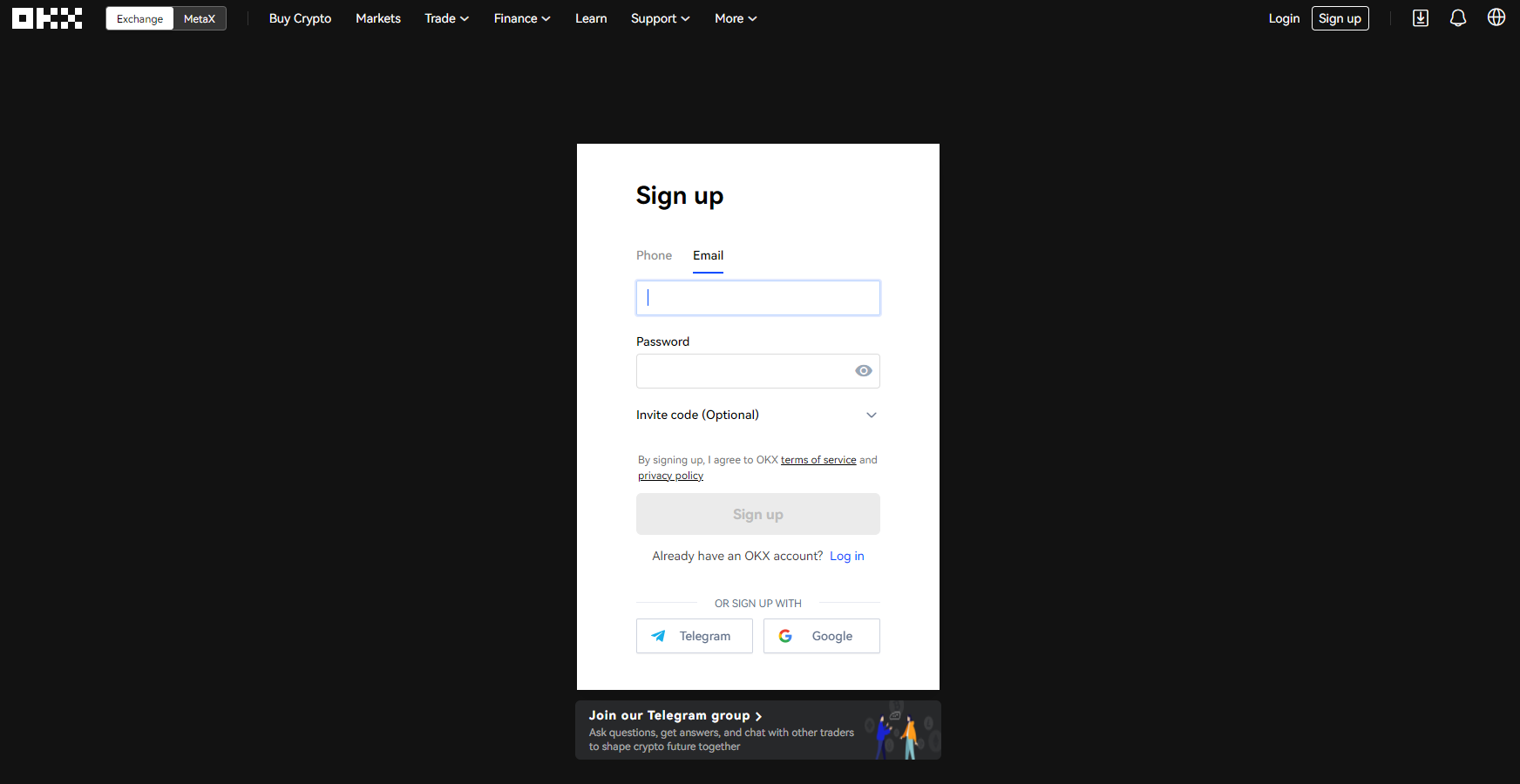 Register an account on the OKX exchange Register an account on the OKX exchange